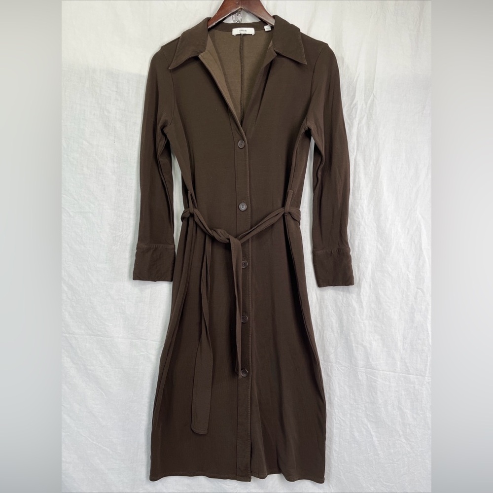 Vince Vintage Shirt Dress M Button Front Belted Midi Stretch Italian STAINED